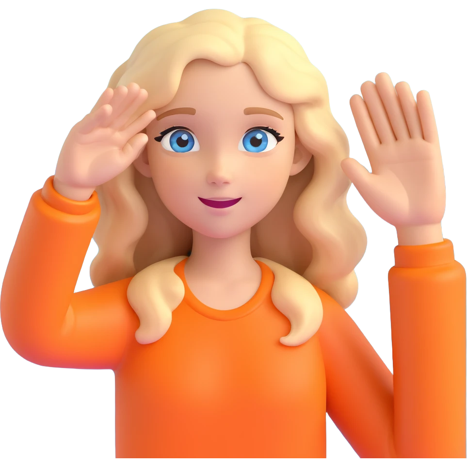 teen girl with wavy dirty blonde hair and ocean blue eyes waving emoji