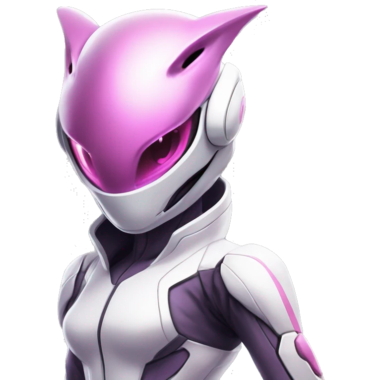 White body, Anthro-Sona-Lizard-Alien-Salazzle-Mew-Mewtwo-Fakémon, with pink eyes, with a futuristic visor-helmet, wearing a techwear-suit, Full Body emoji
