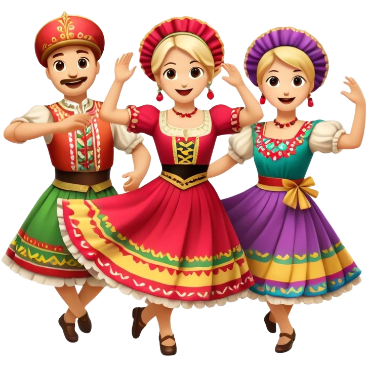 Cinematic Realistic Mazurka Dance Emoji, depicted as a lively traditional Polish folk dance scene with colorful costumes and spirited movement, rendered with dynamic textures and vibrant festive lighting that captures its rhythmic energy. emoji