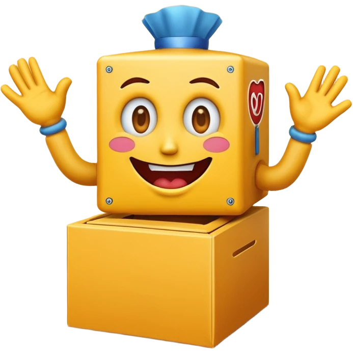 Create an emoji (one of the classic yellow faces) but make them have hands and wind an imaginary jack in the box (no props or anything just the hands and face) but also have the mouth like an o emoji