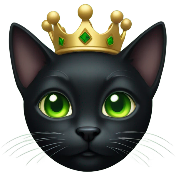 dark black cat with a king crown on and green eyes emoji