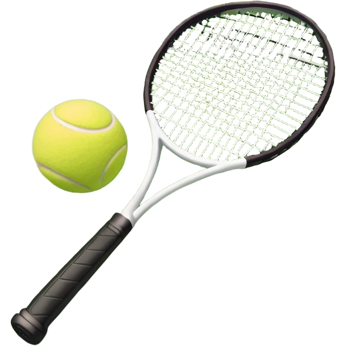 A tennis racket and a ball placed on the ground, with a tennis court in the background. The court lines and net are visible, emphasizing the structure and focus of the sport, creating a dynamic and energetic vibe. emoji