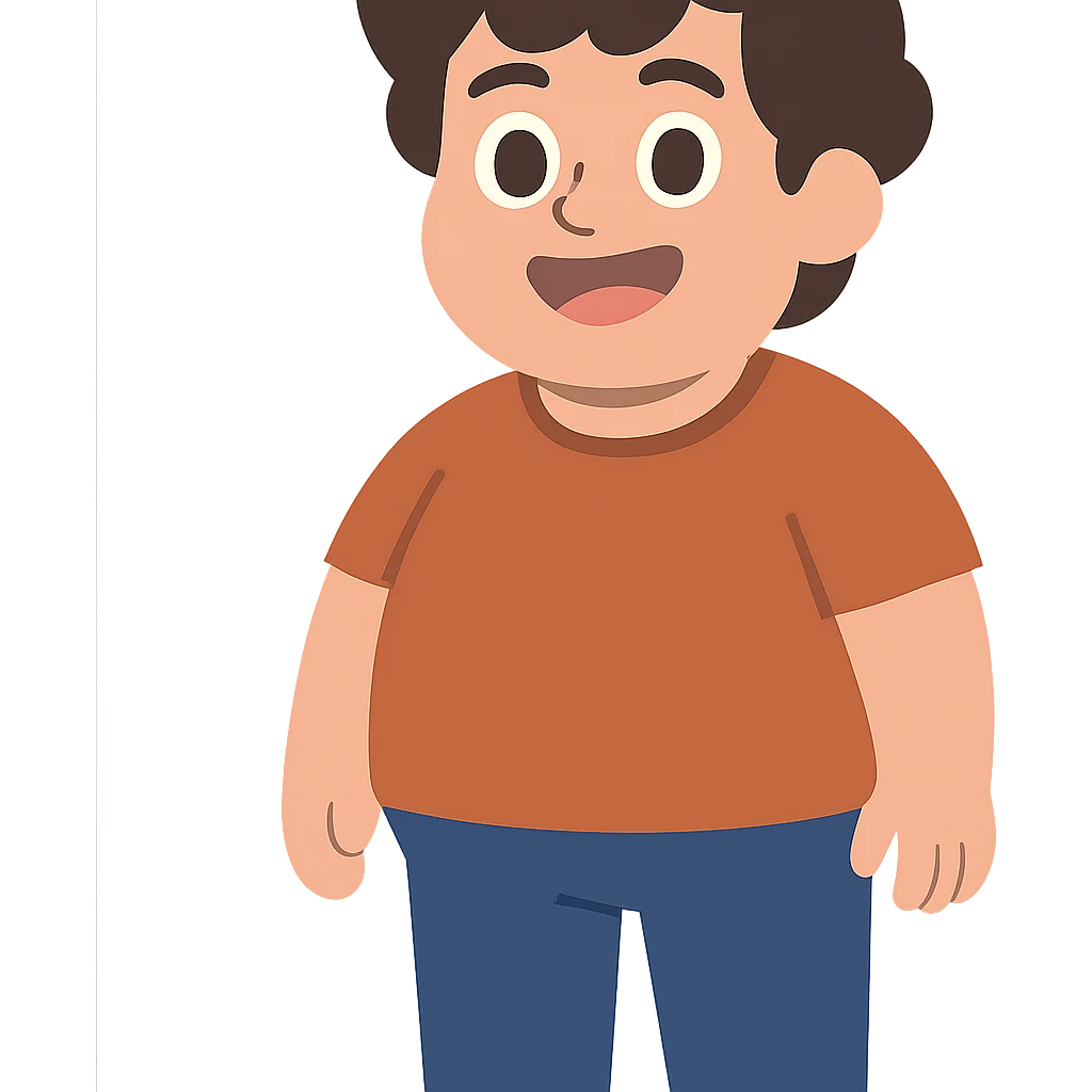 flat toon style character with dark brown wavy hair, big brown eyes, small nose, big pink mouth, medium weight, medium height emoji