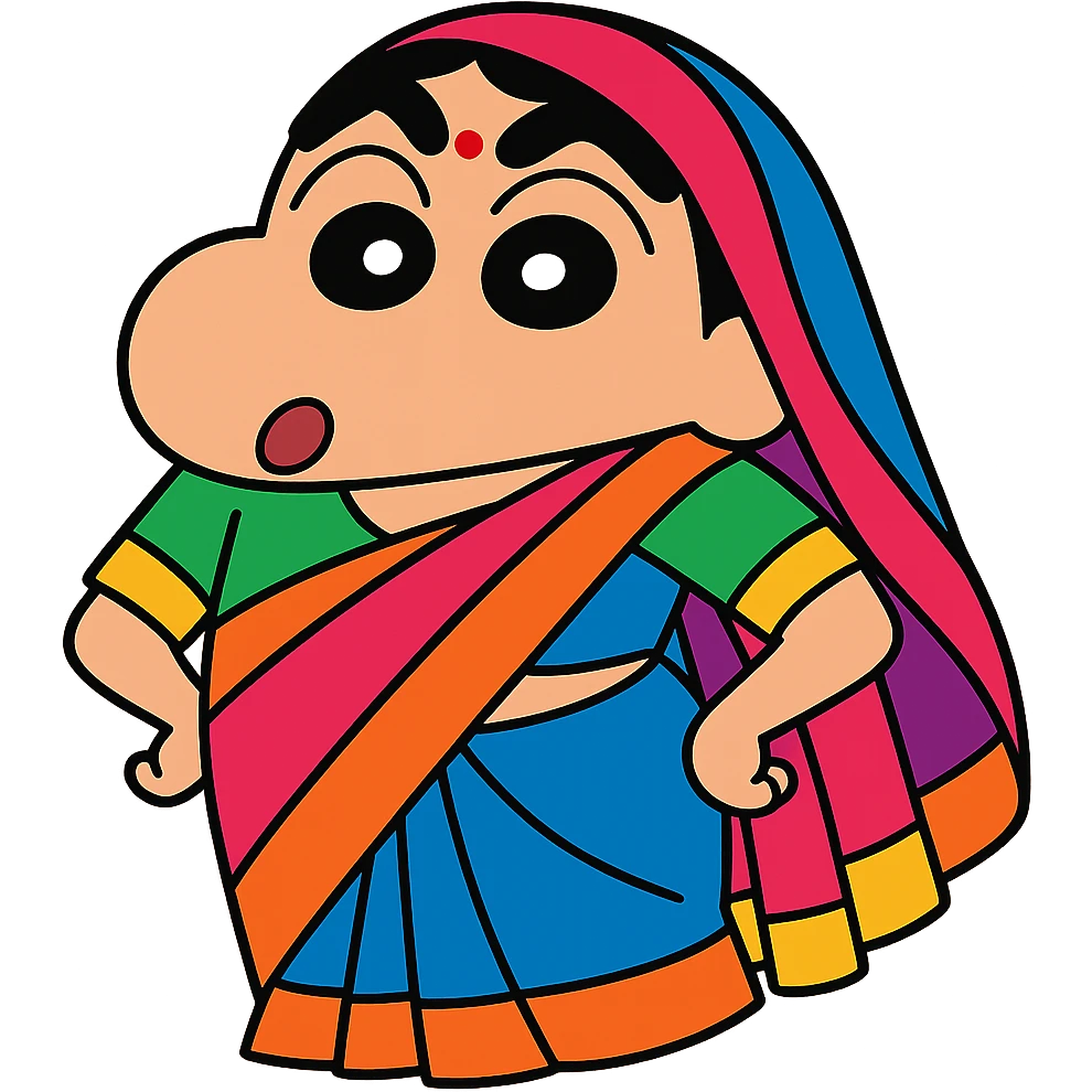 Shinchan character wearing a colorful saree, cartoon style emoji