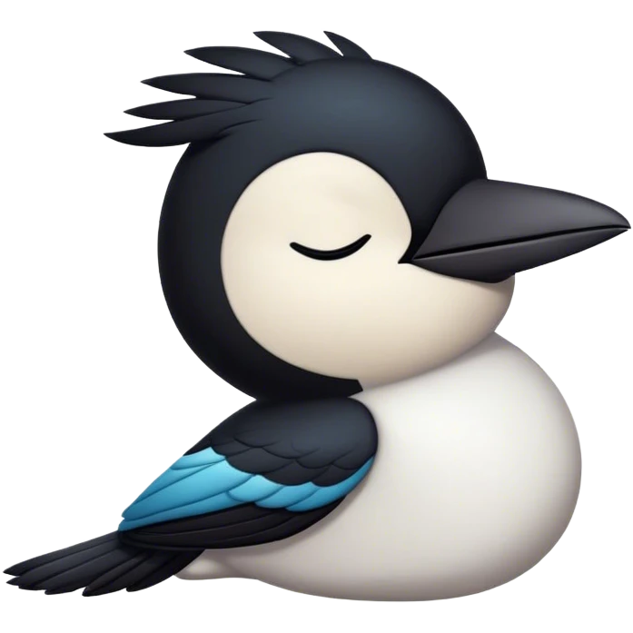 Meme-Worthy Cute Sleeping Magpie Portrait Emoji, Head resting peacefully with a contented smile, showcasing a sleek, elegant form with eyes gently closed in serene slumber and glossy, contrasting plumage, Simplified yet adorably endearing features, highly detailed, glowing with a soft, drowsy urban light, high shine, relaxed and utterly lovable, stylized with an air of playful laziness, soft glowing outline, capturing the essence of a sleeping magpie that feels destined to become the next viral icon of adorable rest! emoji