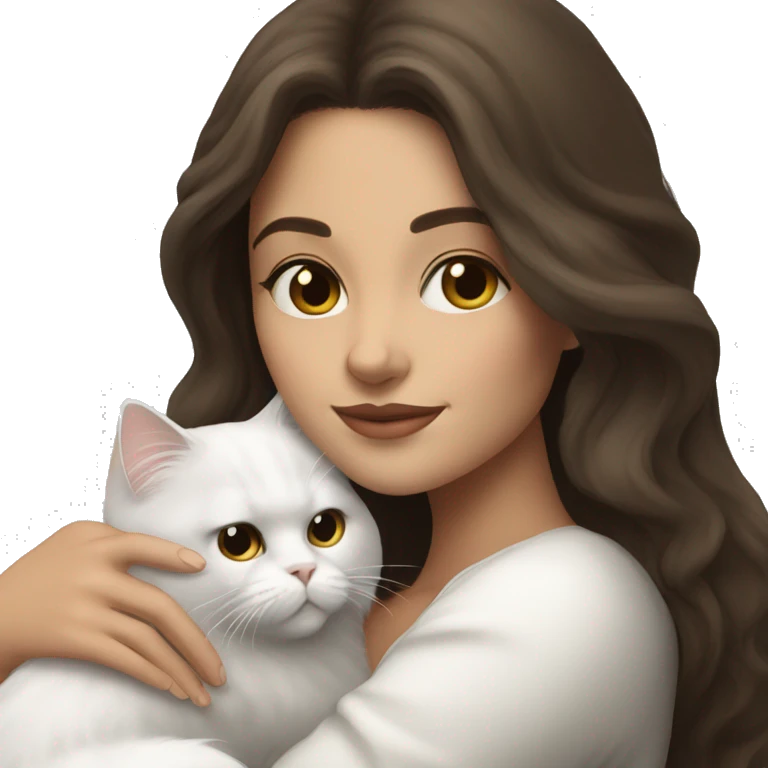 Brunette woman snuggling white Persian cat emoji