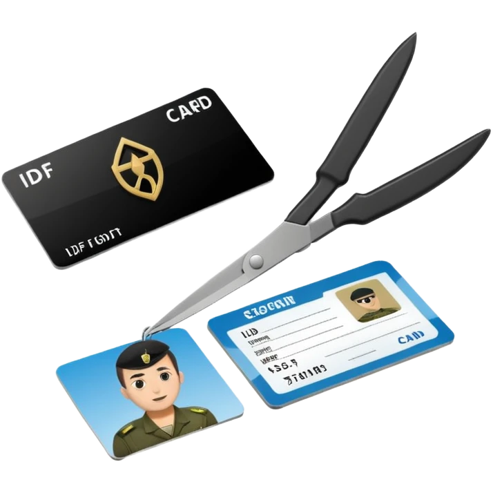 Floating black Scissors cutting in half an idf soldier ID card with a little chip in 2 parts .hyper realistic emoji