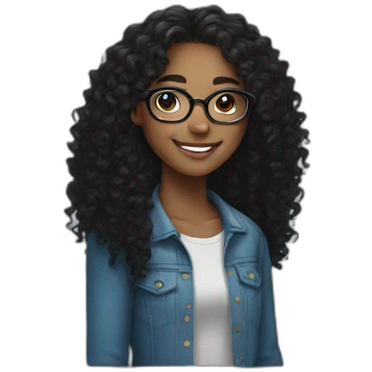 smiling black teenager girl with long black curly hair and round glasses emoji