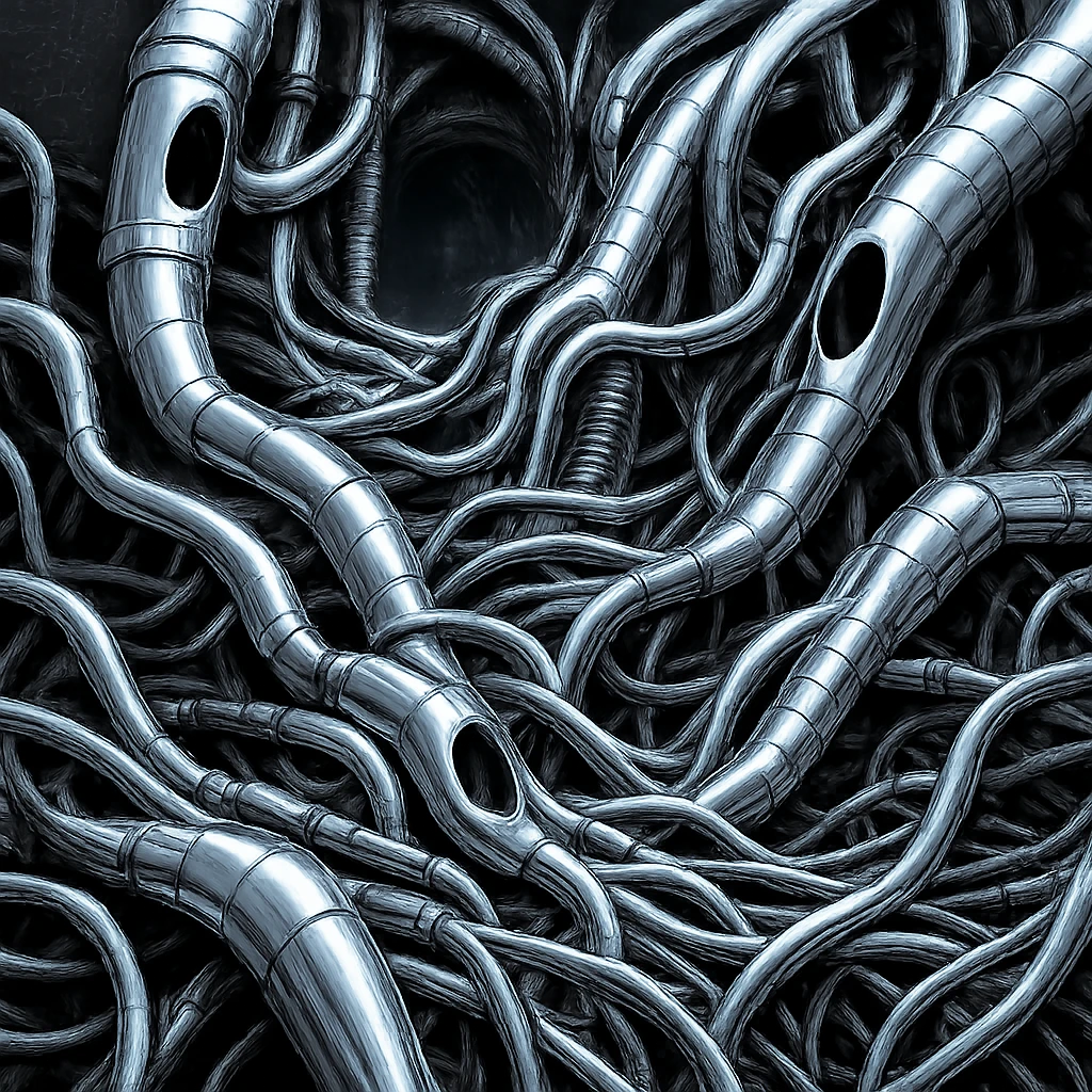Make the network of wires and tubes metallic, with reflective chrome and steel, biomechanical, Giger style, surreal atmosphere. emoji