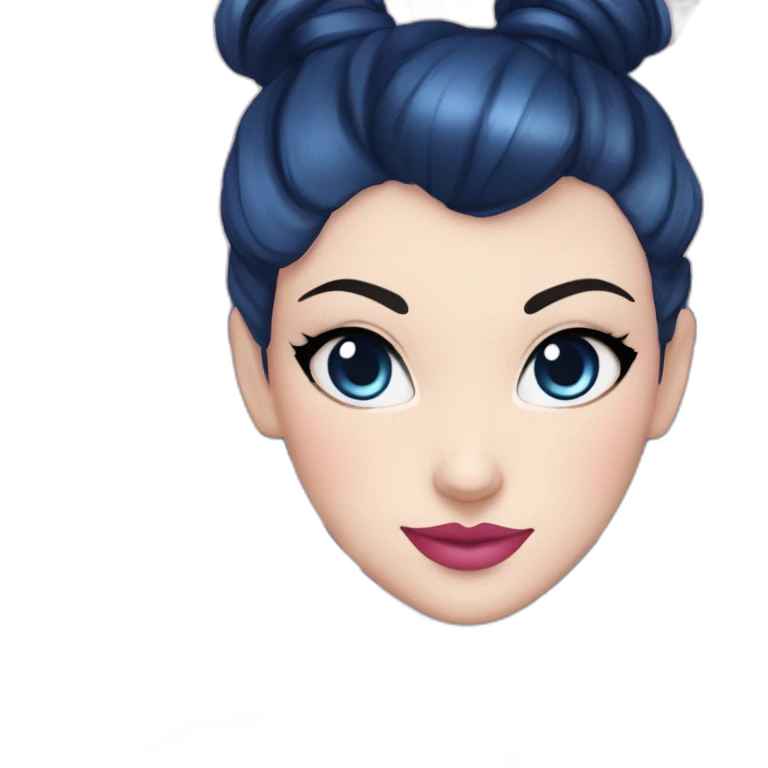 white pale woman, dark blue hair with a bun, pink eyes, lines across face horizon and vertical, dark blue hair, dark hair,rosy pink cheeks,pink lips, blue leotard, ballora, ballerina emoji