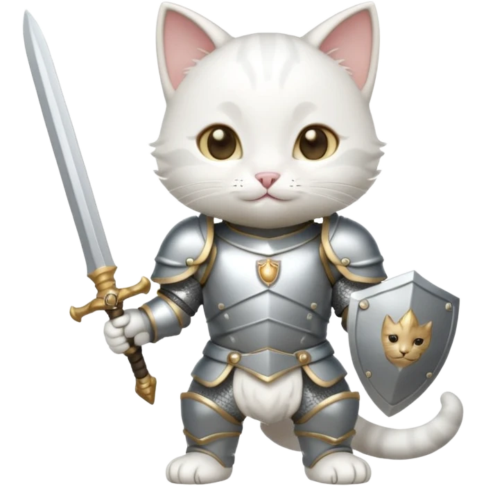baby chibi white cat in silver armor, full body, smile, hold sword emoji