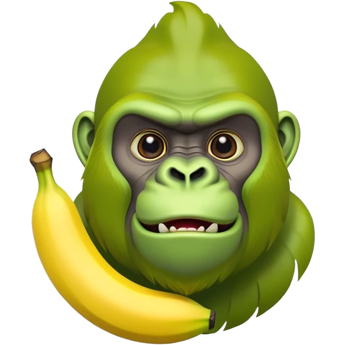 A yellow curved banana with a bright green gorilla head at the top, with gorilla facial features emoji