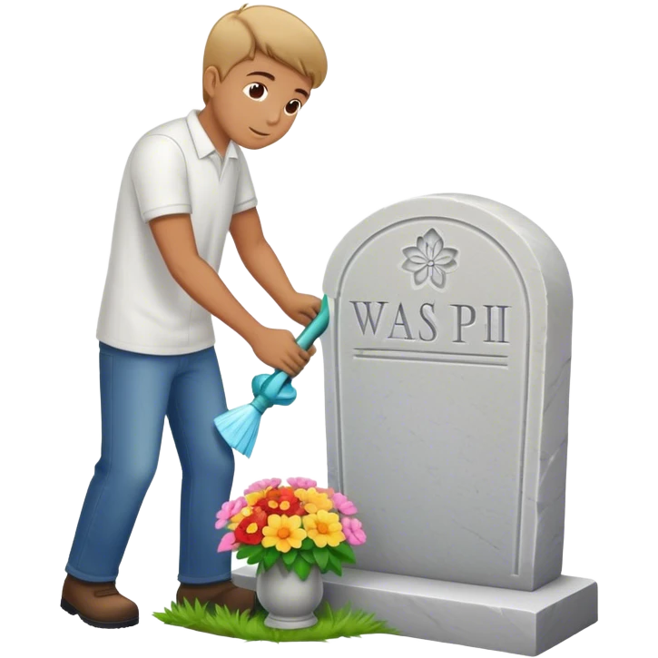 Man cleaning a headstone that has a flower vase emoji