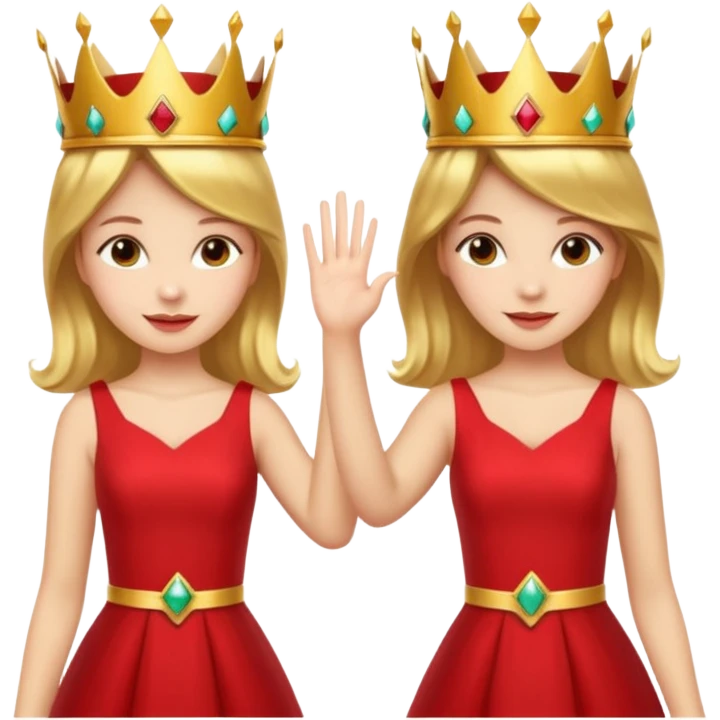 Two women wearing crowns and identical outfits giving each other a high five. emoji