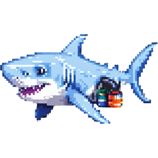 shark with sneakers on fins, fun and quirky pixel art emoji