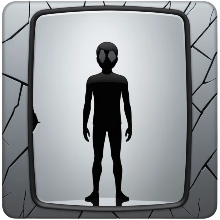 Minimalist emoji-style sticker of a person standing in front of a cracked mirror. The mirror shows a dark shadowy silhouette or distorted figure instead of a reflection. Flat black and white design with muted gray tones. No text. Bold, clean lines. Square composition. No shading or gradients. emoji