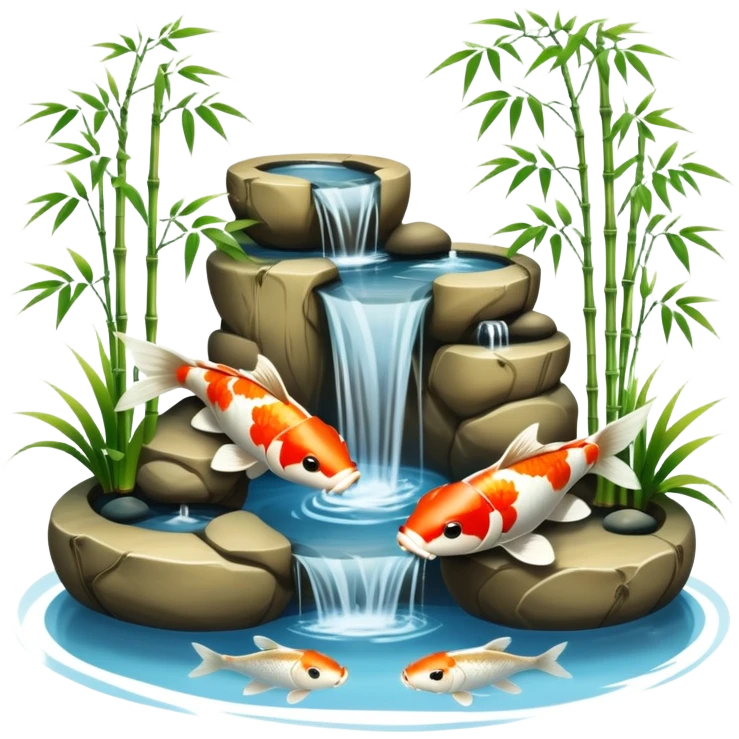 Romantic Asian koi fish pond and bamboo fountain scenic scenery landscape deco emoji