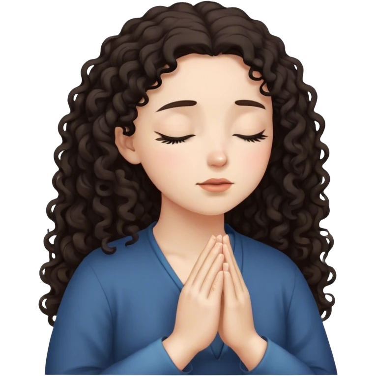 White woman with dark curly hair praying with eyes closed  emoji