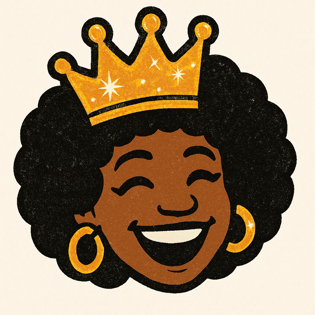 Create a 1970s disco emoji of just the head of a female African American, inspired by the references, using only gold, silver, black, and white. Make the crown and accessories extra vibrant and sparkling, with a joyful expression and afro hairstyle, in a bold pop colors style. emoji