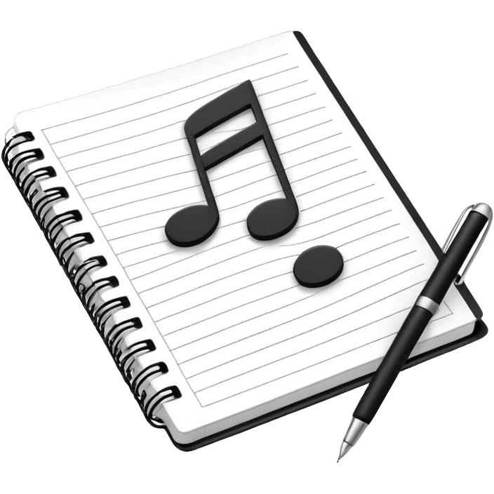 Minimalistic flat vector icon, iOS style, thin black contour on white background. Small notebook with a musical note on the cover, a pen placed next to it. Clean, modern, no text, no shadows. emoji