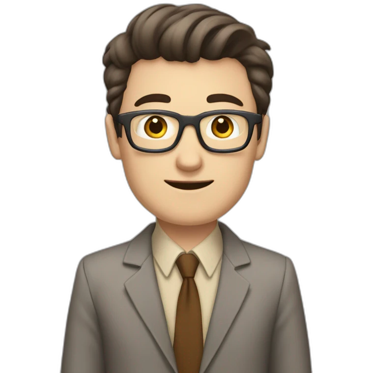 To belt Actively gesturing with hands Pale skinned fit man teacher with dark brown hair in gray jacket, beige office shirt, brown tie, brown pants and vintage glasses. emoji