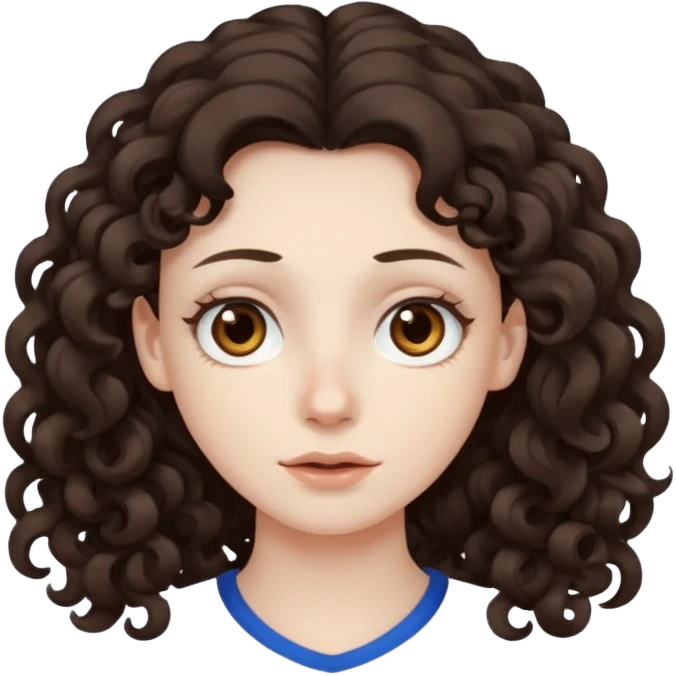 Pale skin, long curly dark brown hair, medium brown eyes. emoji