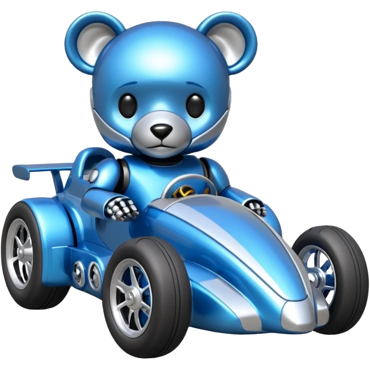  Metallic blue and lightly chrome-accented  kid-sized race car for scary robot teddy bear with custom aero body and rear wing and motorcycle-sized wheels  emoji