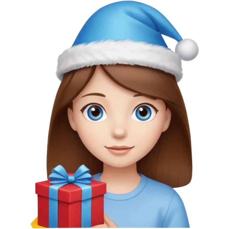 girl with brown hair and blue eyes, holding a present, wearing a birthday hat emoji