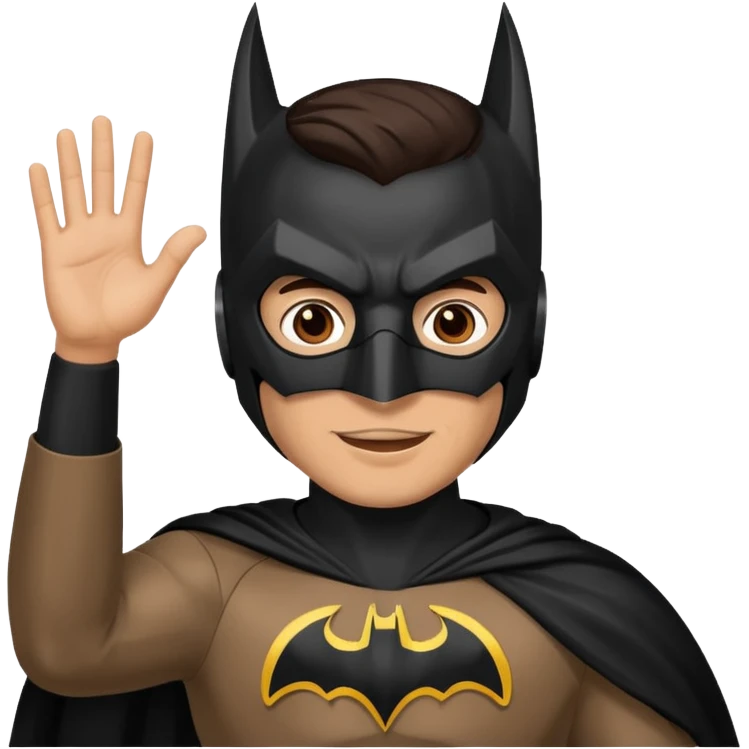 Make a man with brown eyes and dark hair in a Batman costume and mask waving "hello" emoji