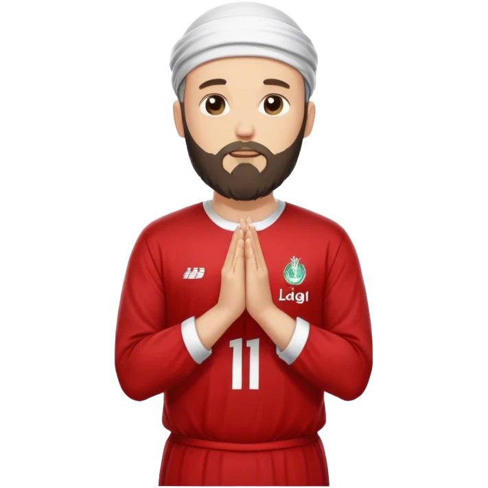 White man wearing Liverpool jersey dressed like Muslim praying emoji