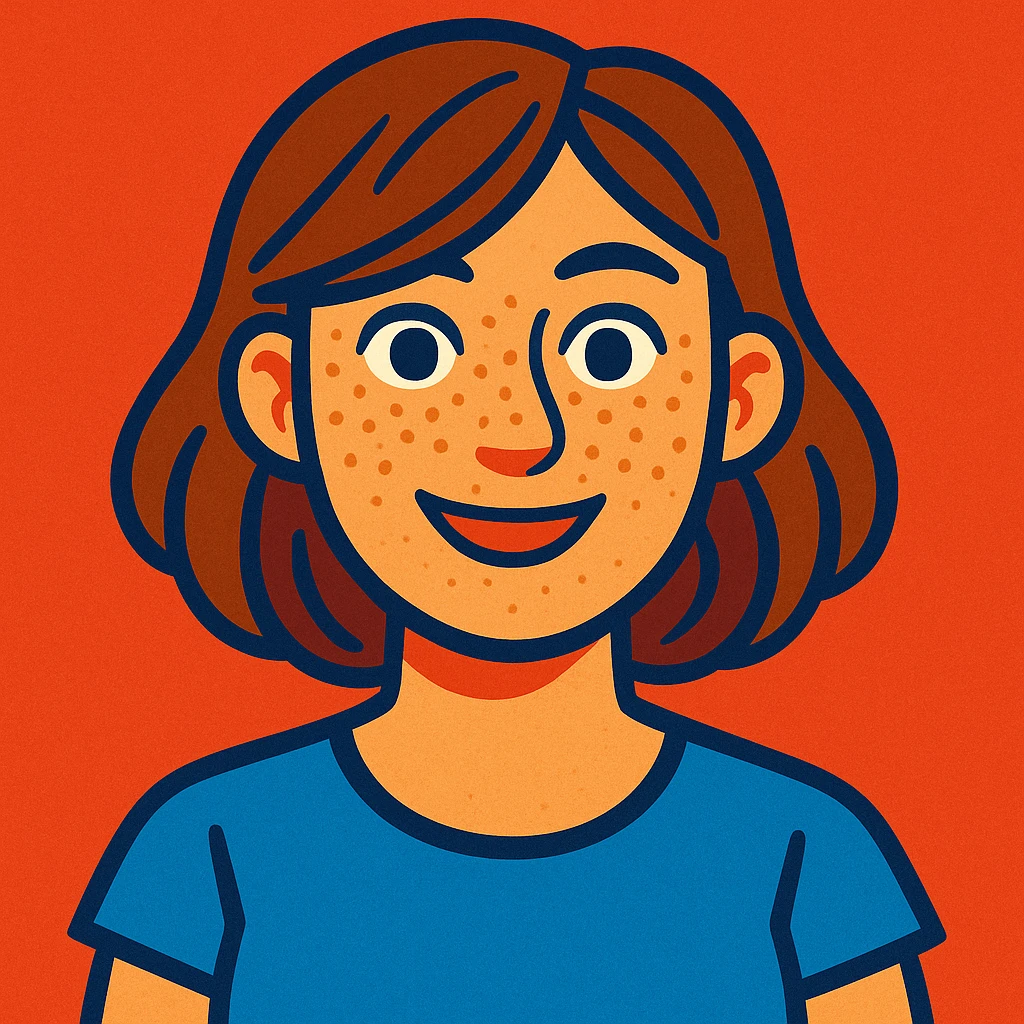 portrait of a white woman with freckles, shoulder-length brown hair, colorful cartoon style emoji