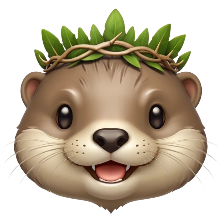 really cute smiling joyful otter face in three-quarter profile view with simple thorny stem wrapped horizontally around its forehead like Jesus Christ's Crown of thorns, Apple emoji style, glossy finish, polished look emoji