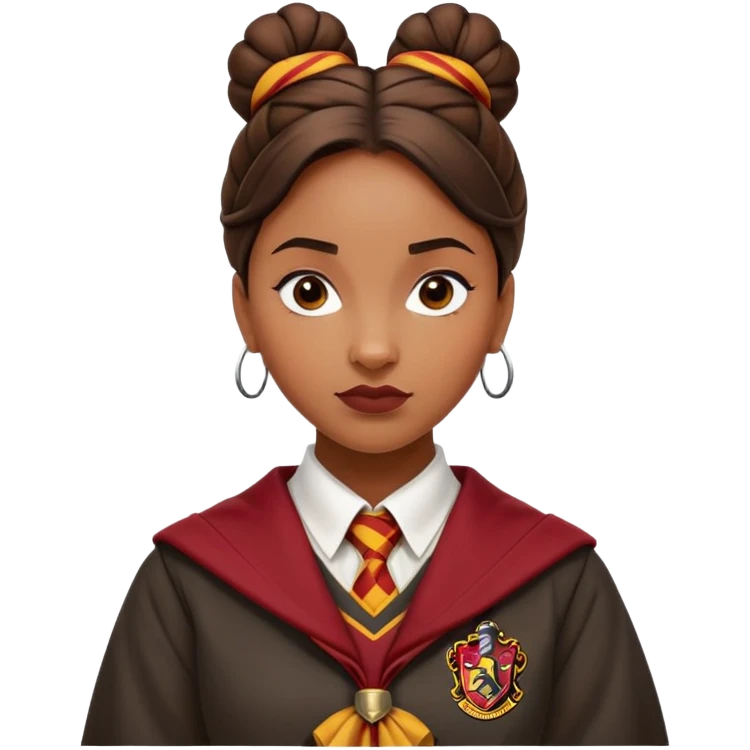 Angelina Johnson in harry potter, wear hogwarts gryfindor uniform,  thick, brown knot bun hair , reflecting her bold, stylish, and strong personality emoji