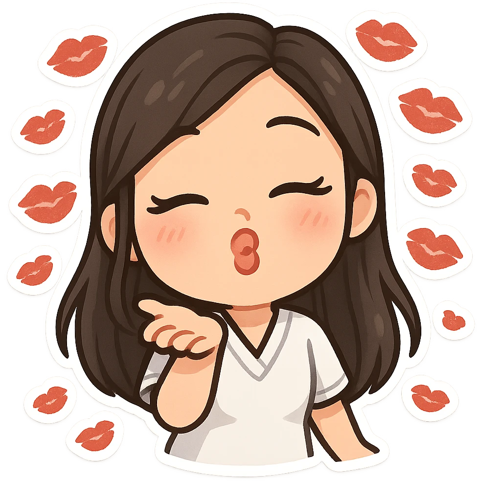 3D chibi bitmoji style sticker of a girl with long dark hair, white medical top, kissing the viewer, lots of kiss marks, white outline, transparent background emoji