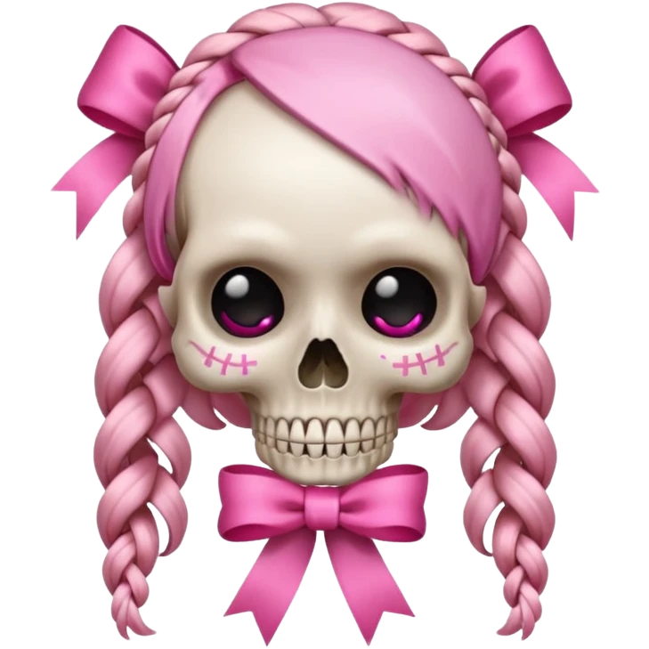 skull emoji with pink ribbon pookie and two braids emoji