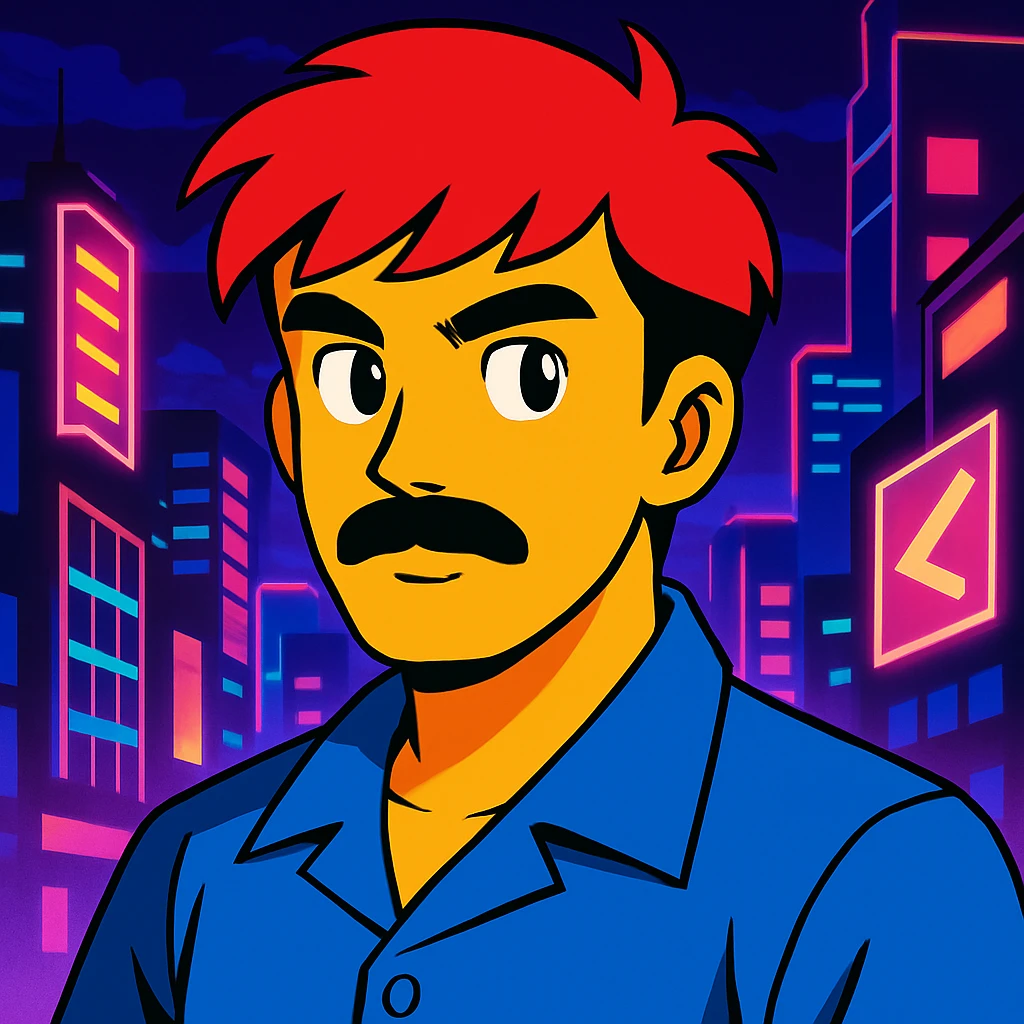 Add a neon city background, keep the 90's anime style and all original colors and lighting emoji