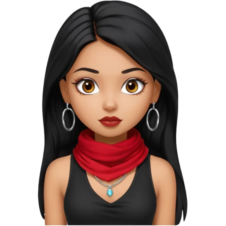 a pretty bratz dusky girl with long black hair, kajal under eyes, small silver hoop. black tank top on. Red scarf around neck emoji