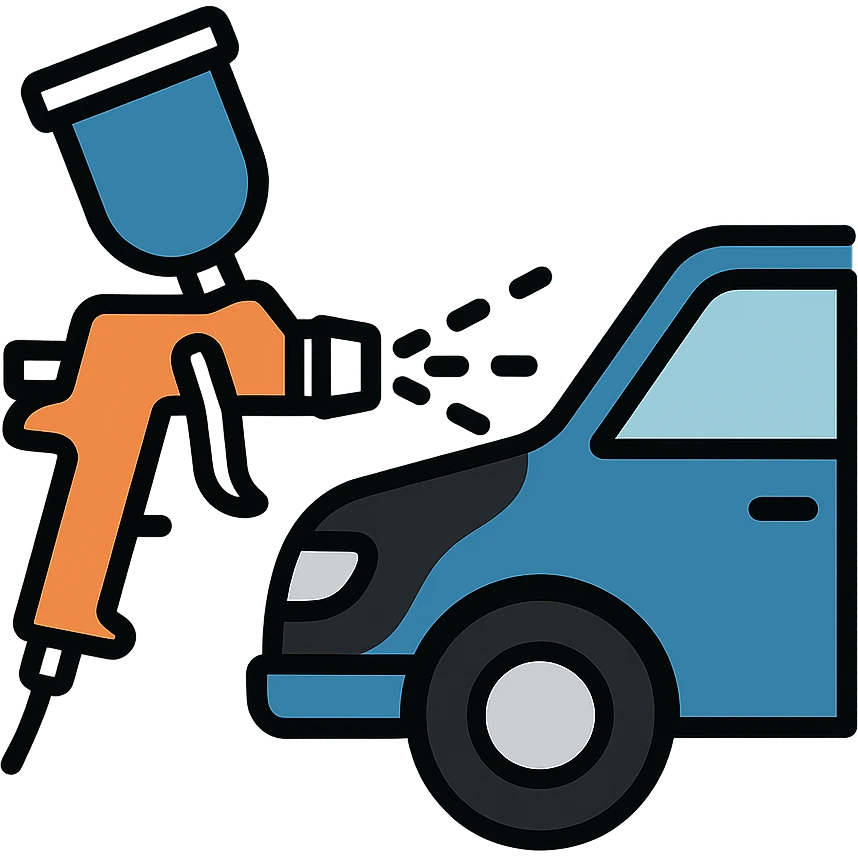 paint spray gun pointing at a section of a car, light layer of glossy black paint spraying out, main color glossy black with silver details, clean lines, modern and clean style, no excess paint emoji
