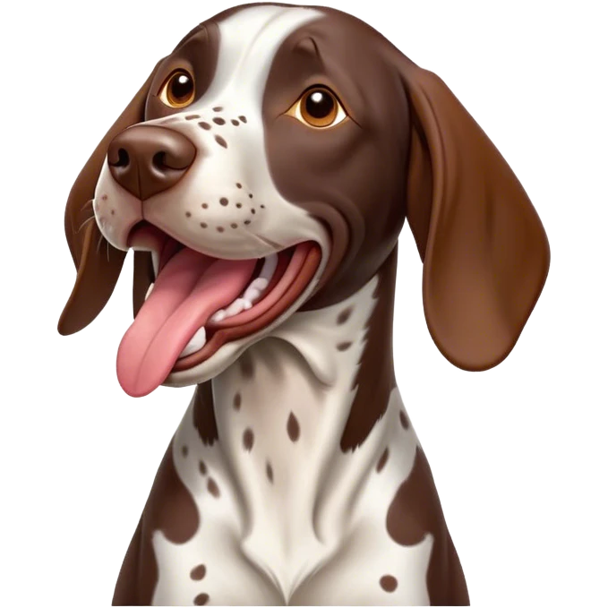 Cinematic Comical German Pointer Dog Portrait Emoji, Head tilted dramatically while yawning exaggeratedly, sleek brown and white coat with subtle spots, Simplified yet hilariously adorable features, highly detailed, glowing with an almost sarcastic glow, high shine, a mix of lazy and disinterested, stylized with a touch of playful whimsy, bright and alert but with a hilariously bored expression, soft glowing outline, capturing the essence of a mischievous yet overly dramatic dog, so meme-worthy it feels like it could leap off the screen and sarcastically demand attention, perfect for the internet's next viral meme! emoji