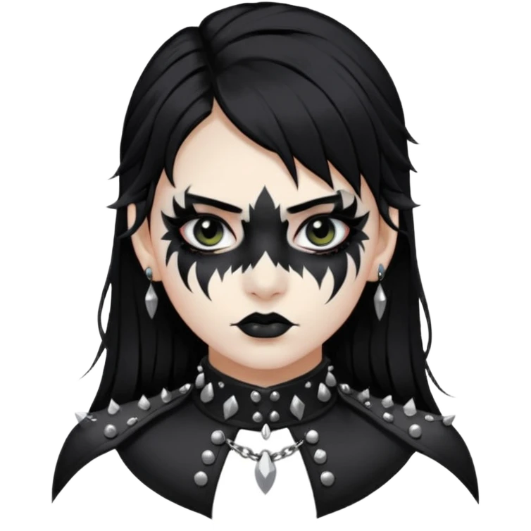 Crea una ragazza con stile black metal,  paint face black metal, capelli neri, mossi dalle spalle e occhi bianchi e un collare con borchie a punta emoji