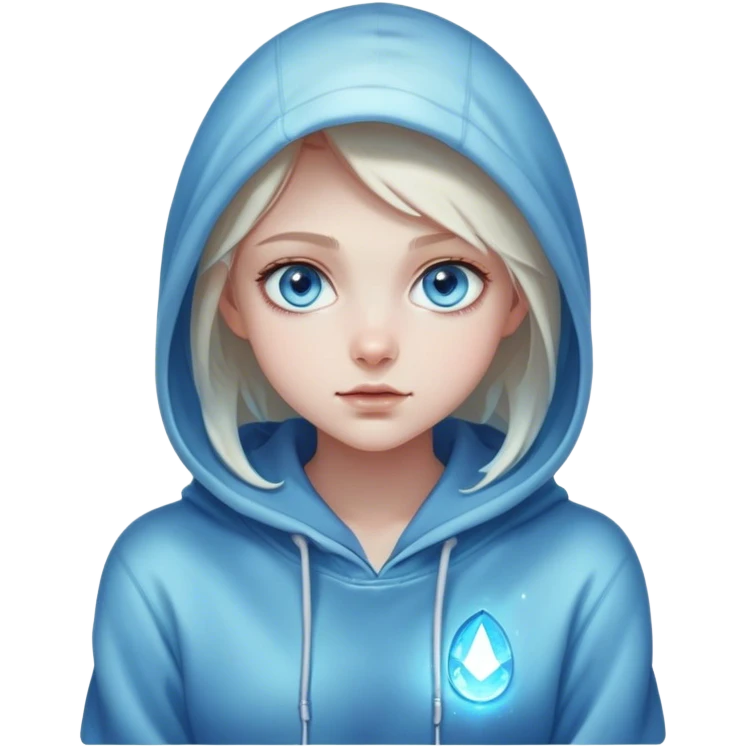 Cinematic girl with large sparkling blue eyes wearing a hoodie sitting, Ultra realistic 32k HD, hauntingly beautiful, Balanced features, highly detailed, glowing, high shine, enchanting, ghostly, dreamy glow, complex pose. The image is so lifelike it could leap off the canvas at any moment emoji