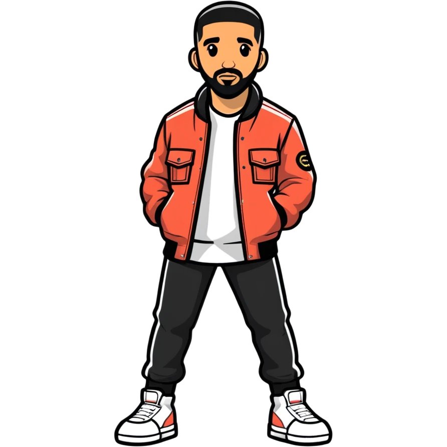Hyperrealism, isolated, 3D rendering, digital ultra detailed illustration,   Canadian rapper " Drake" 2025. Must be of highest 4K quality 2800x2800px , full body view with very clean,  smooth lines, no emoji icons or faces, a glossy like shine. Full transparent background  emoji