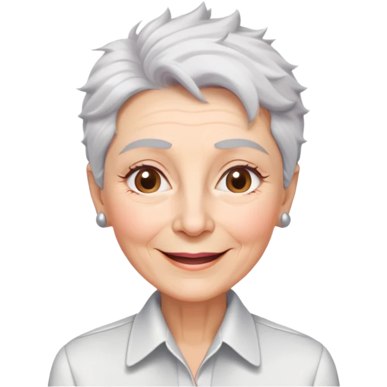 Senior version of Marian Pabón with defined facial structure, light pinkish skin showing age, almond eyes, arched eyebrows, charismatic wide smile, short spiky white-gray hair, more pronounced aging features, wearing a formal white buttoned shirt emoji