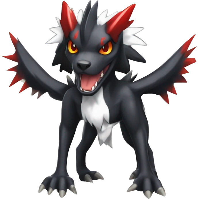Black Cool Edgy Absol-Houndoom-Garchomp-Luxray Fakémon Digimon with Red and white Edgy markings, full body, outlined emoji