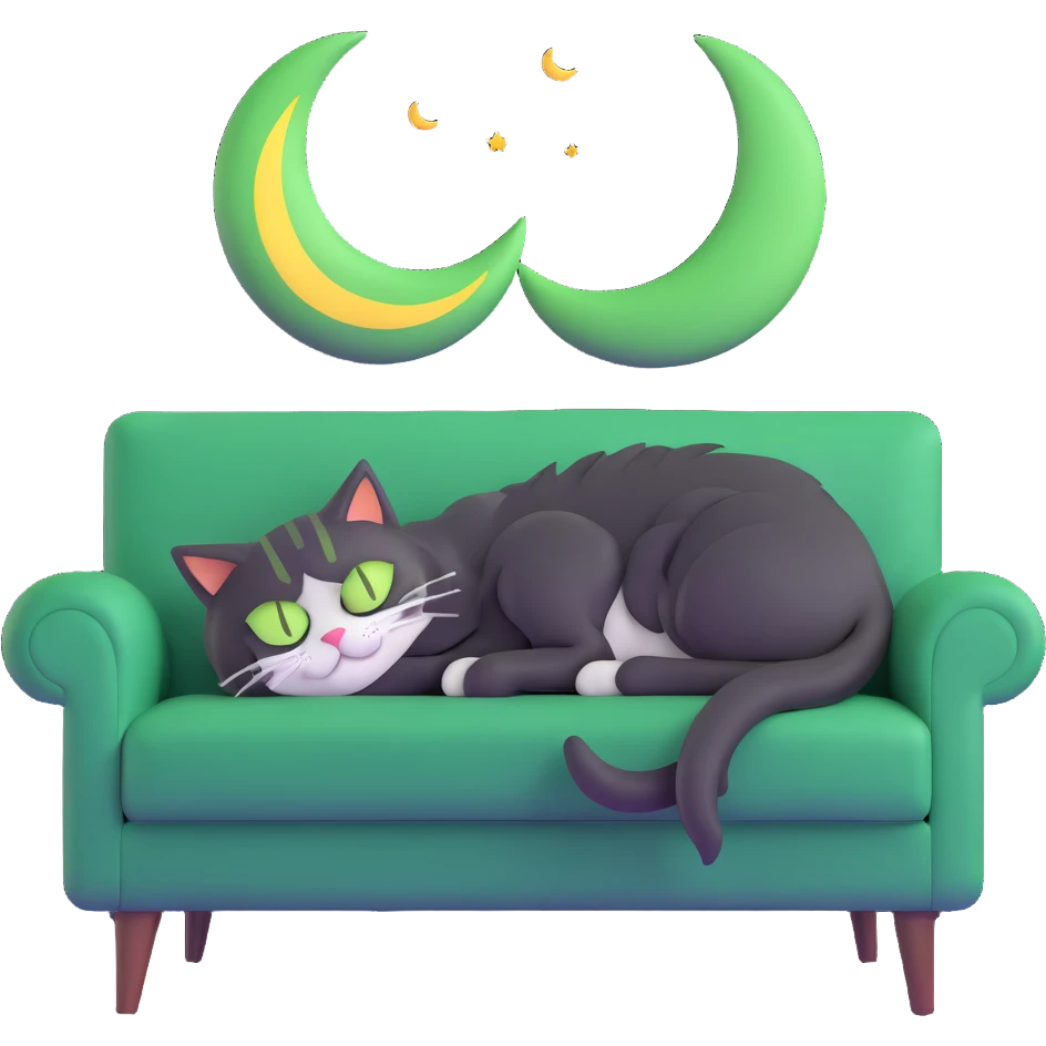 tricolor fluffy cat with big green eyes sleeping on a sofa with a moon above her emoji