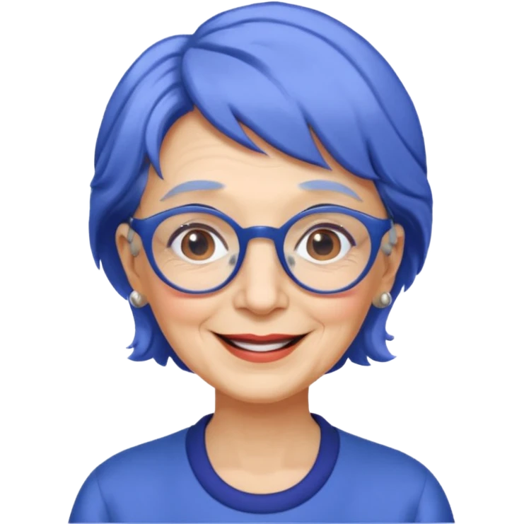 old lady with cobalt hair, wearing glasses, slight curl short hair, long face emoji