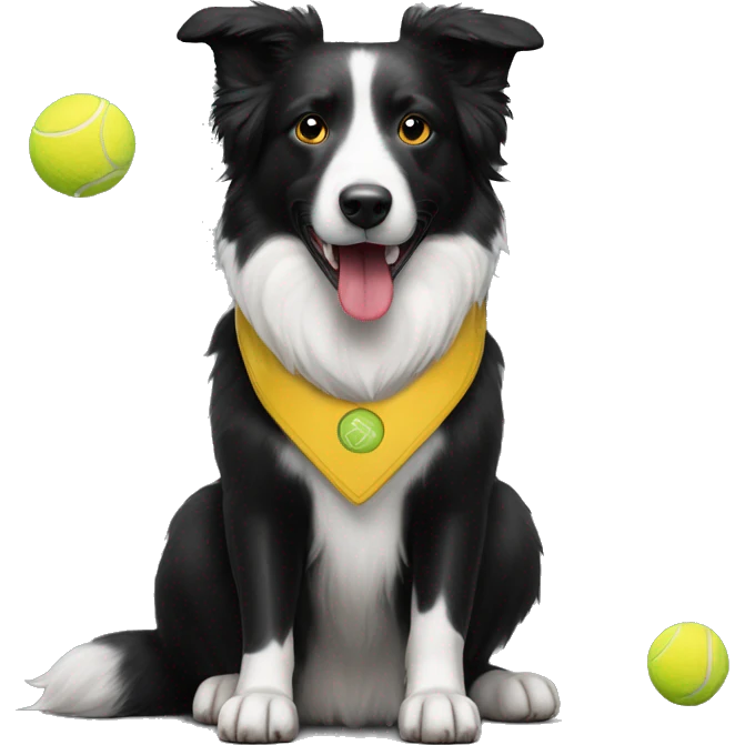 Black with a little white on her short fur border collie dog with red collar and yellow tennis ball in her mouth emoji