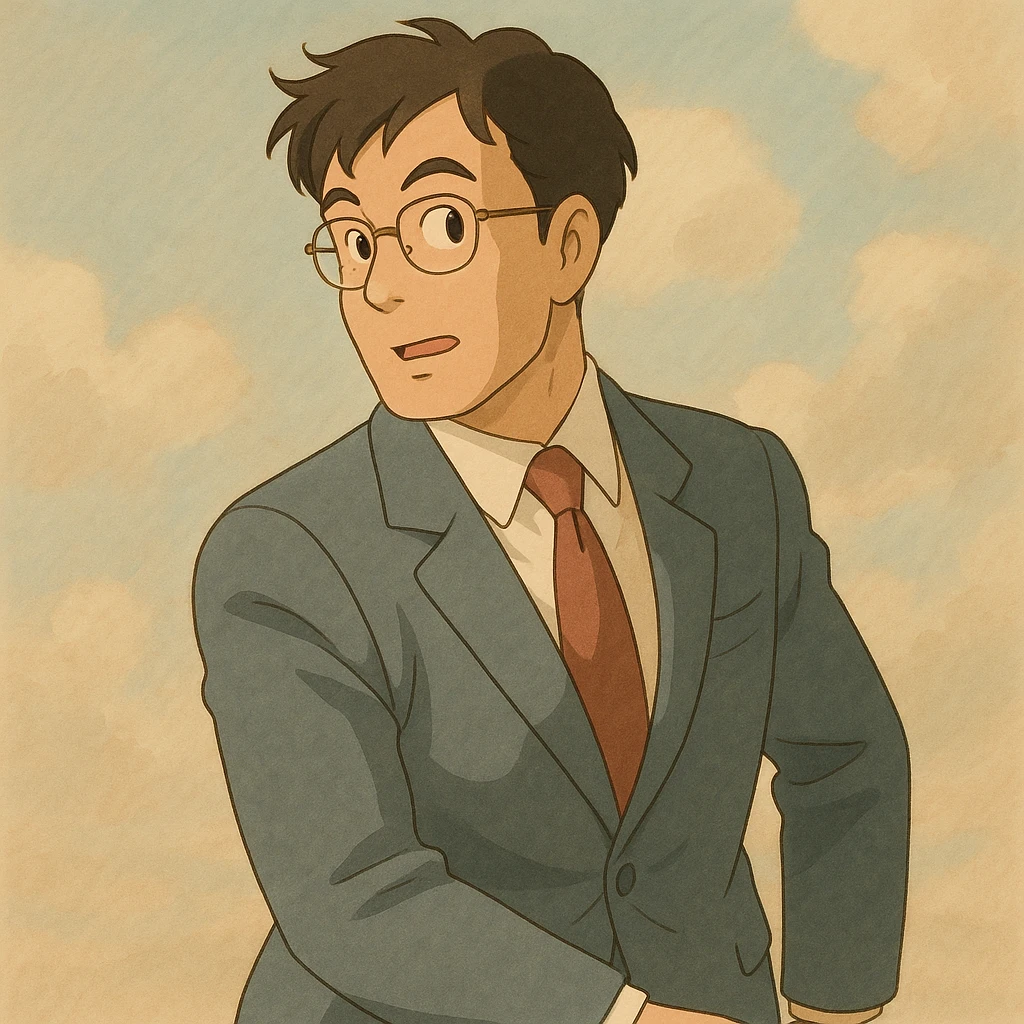 a business man turning his body, ghibli style, suit and tie, soft colors emoji