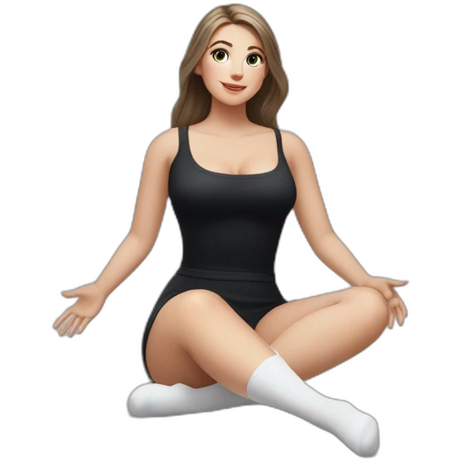 Front view full body curvy caucasian beauty sits on the floor straight hands up black skirt white knickers white socks emoji