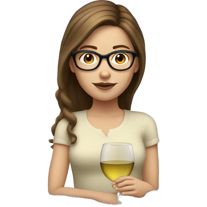 A white girl with brown hair and glasses, drinking a glass of white wine. emoji